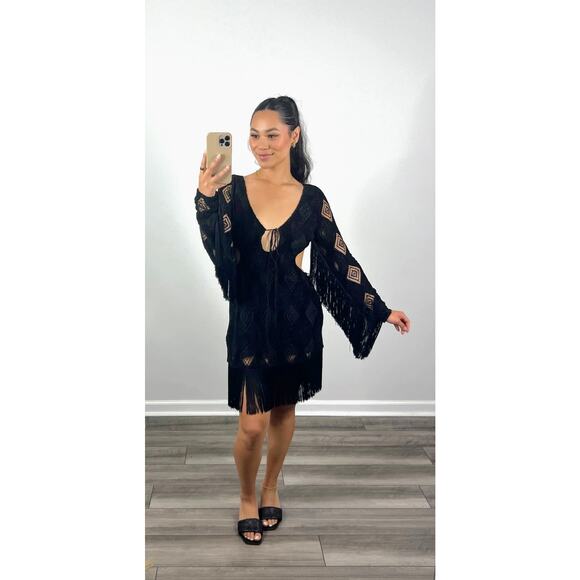 For Love & Lemons Aubrey Mini Dress in Black Large Fringe Velvet Lined Eyelet - Picture 1 of 6